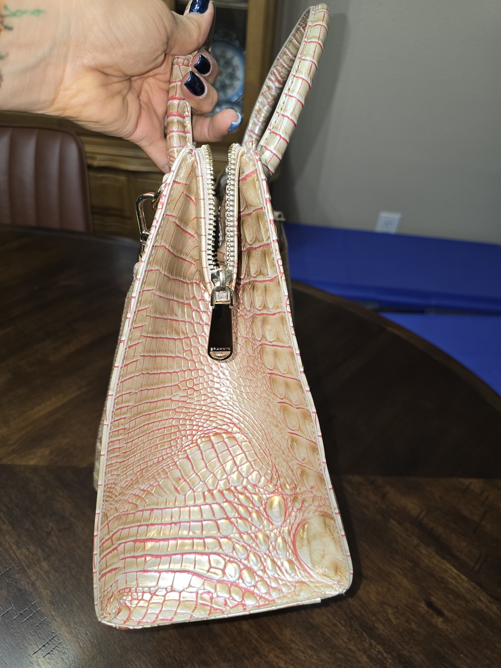 Brahmin Croc-Embossed Cream with Pink Accent Satchel - Picture 5 of 12